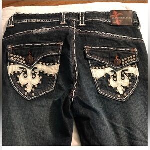 Women's Boot Cut Jeans in Dark Washed Blue with White Embroidered Pockets